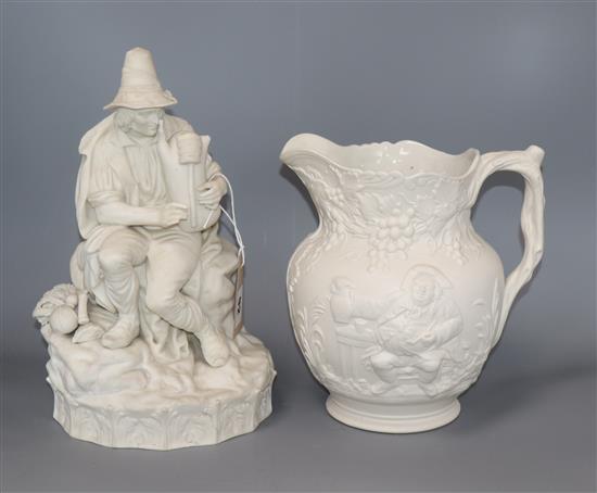 A Copeland figure of a man playing bagpipes and a Victorian parian jug tallest 29cm
